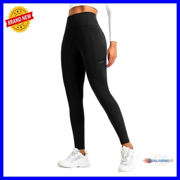 Fleece Lined Thermal Leggings High Waisted Cross Pockets Winter Warm Active